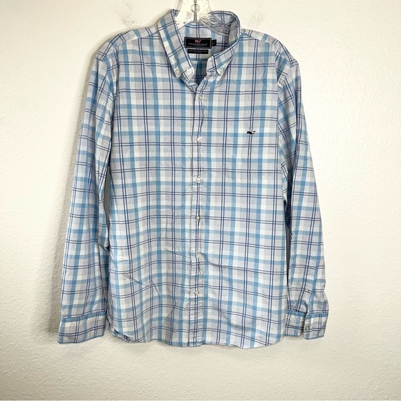 Vineyard Vines Shirt Mens Large Plaid Slim Fit Tucker Blue Button Up Long Sleeve - Picture 1 of 8